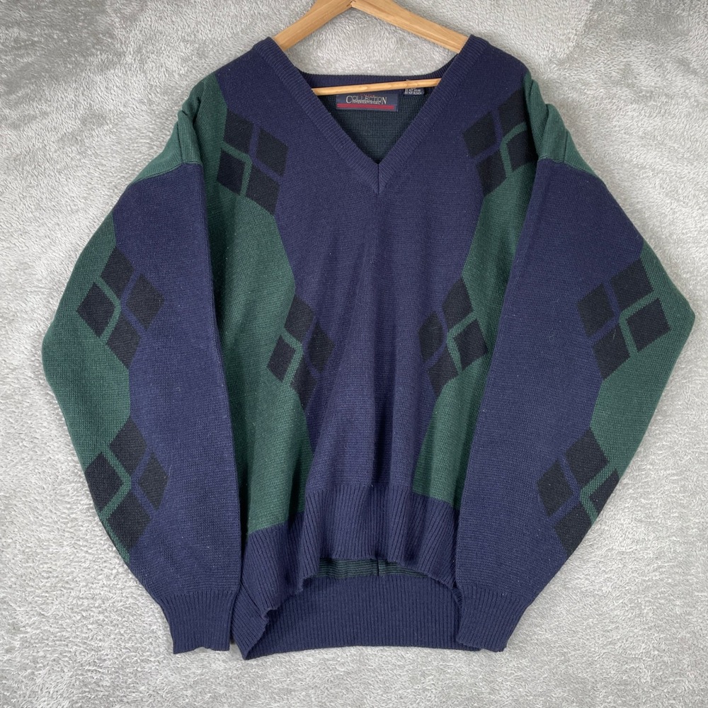 EMG Collection Sweater Mens‎ XL Blue Argyle V Neck Wool Blend Vintage 90s Knit